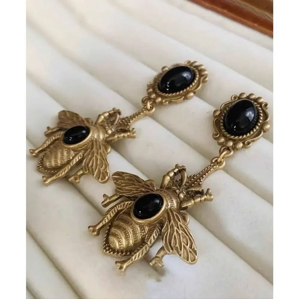 Vintage Style Bronzed Bee Drop Earrings
